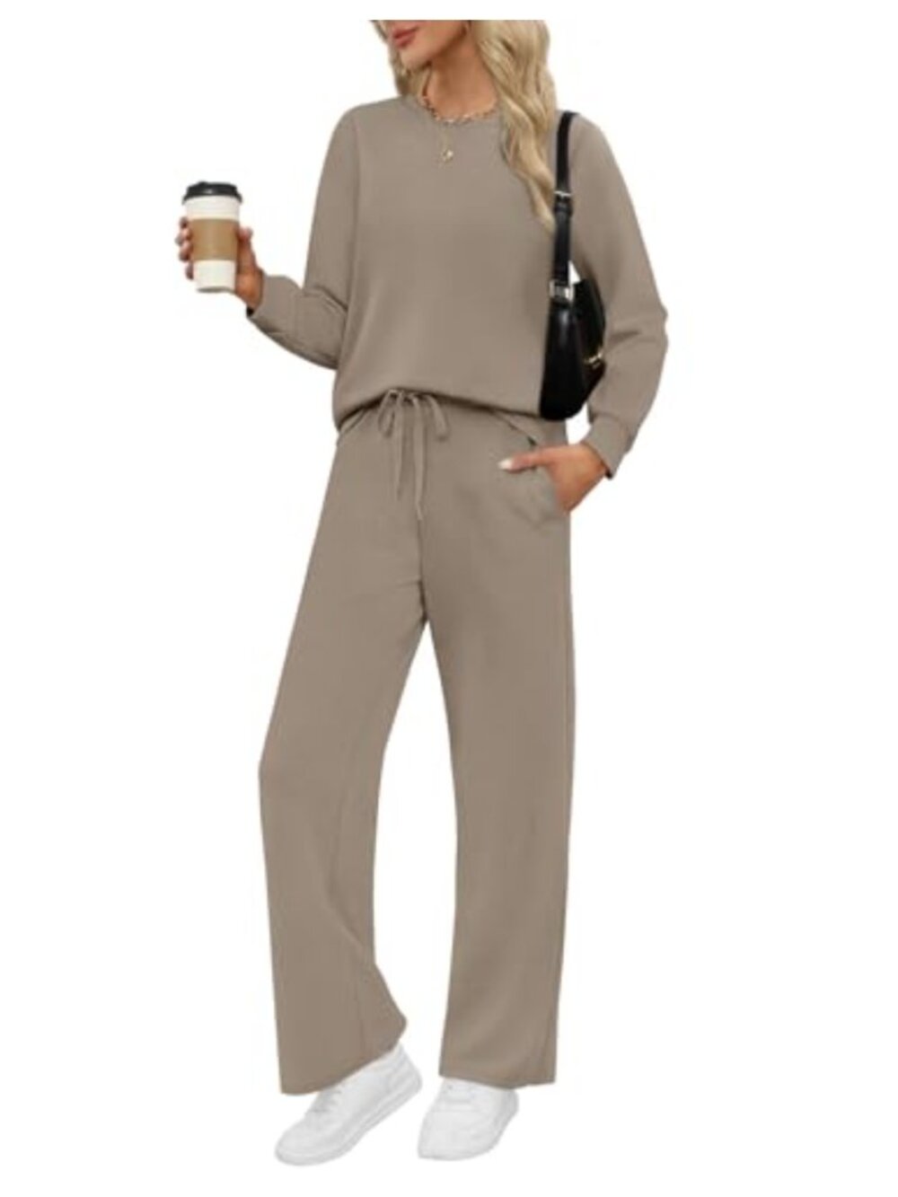 WIHOLL Women's 2-Piece Lounge Set, Crew Neck Top & Wide Leg Pants, Travel Outfit